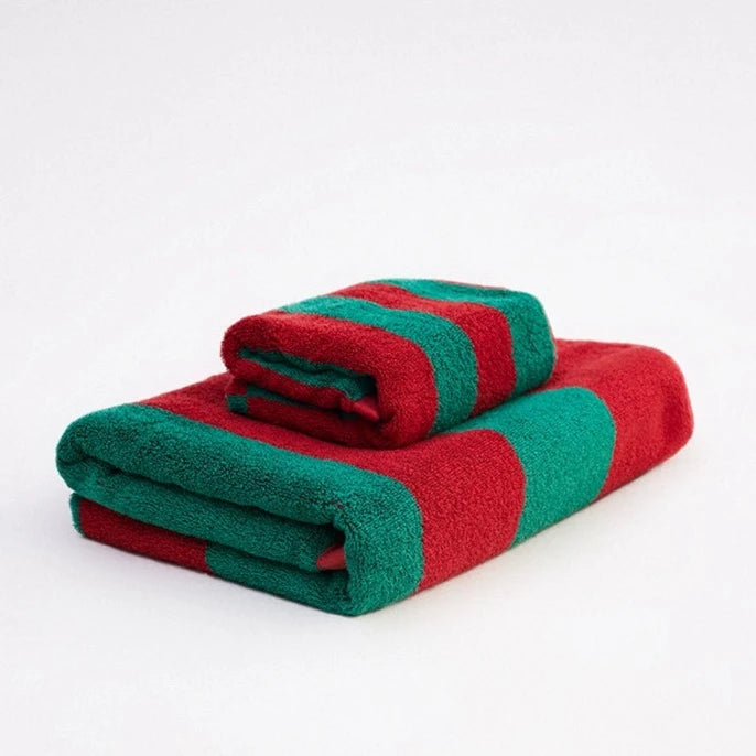 Red Green Striped Bath Towel Set