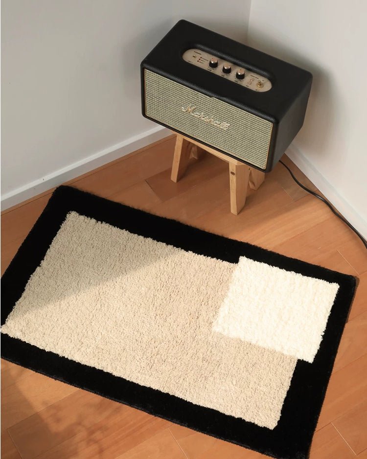 Black Beige White Color Block Geometry Bath Mat