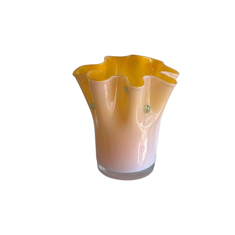Cosik Home large handmade glass vase with ruffled opening in amber and peach hues, featuring small green accents.