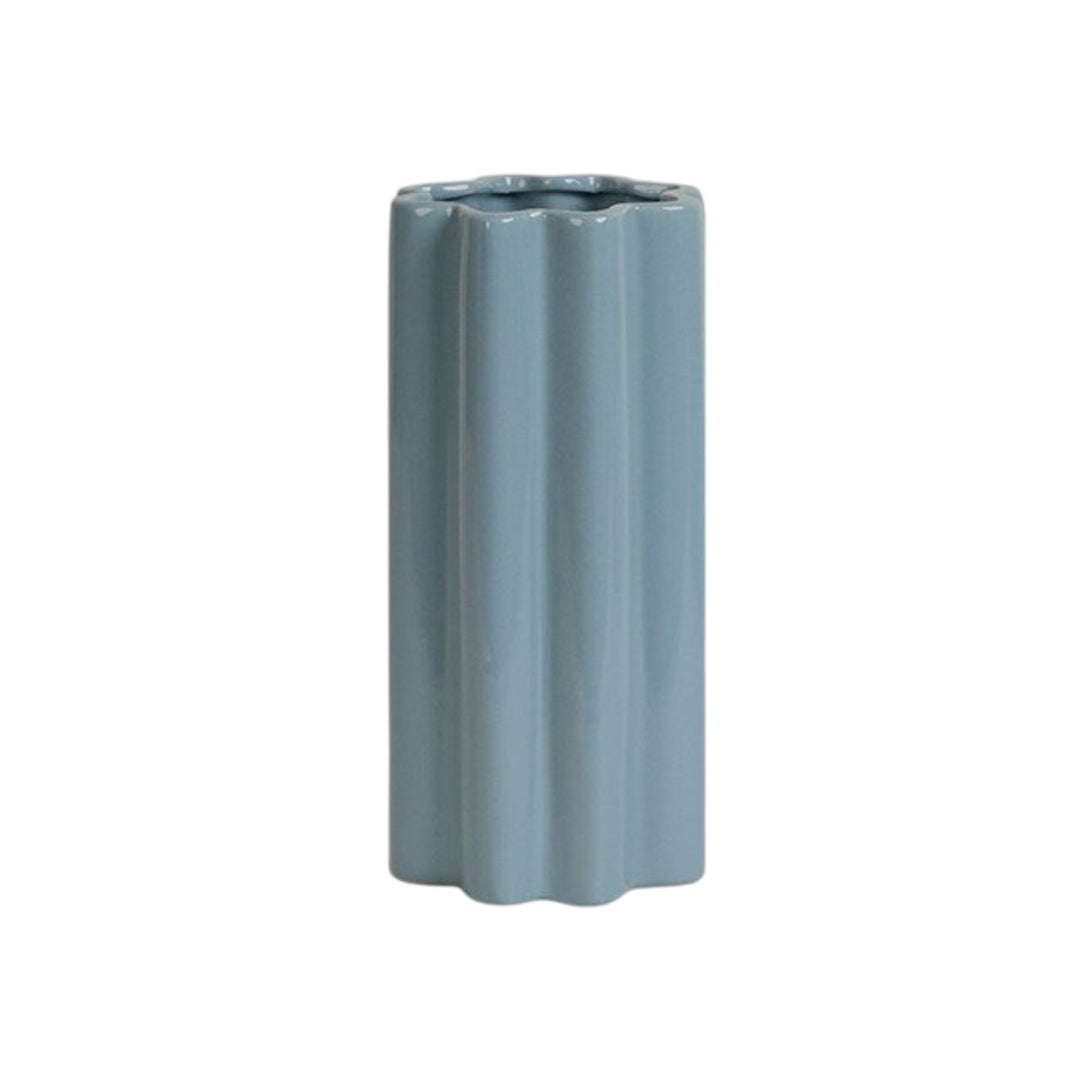 Cosik Home light blue ceramic fluted flower vase with wavy silhouette and accordion texture, 26cm height