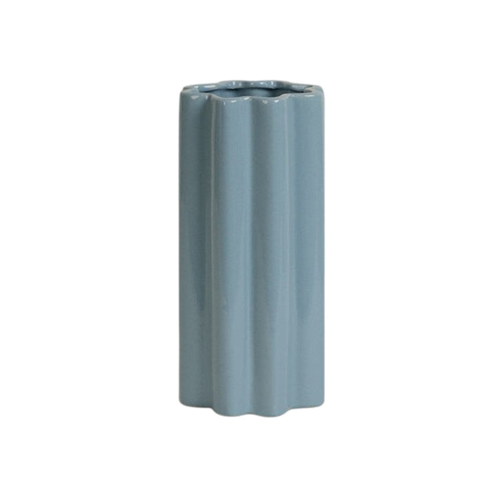 Cosik Home light blue ceramic fluted flower vase with wavy silhouette and accordion texture, 26cm height