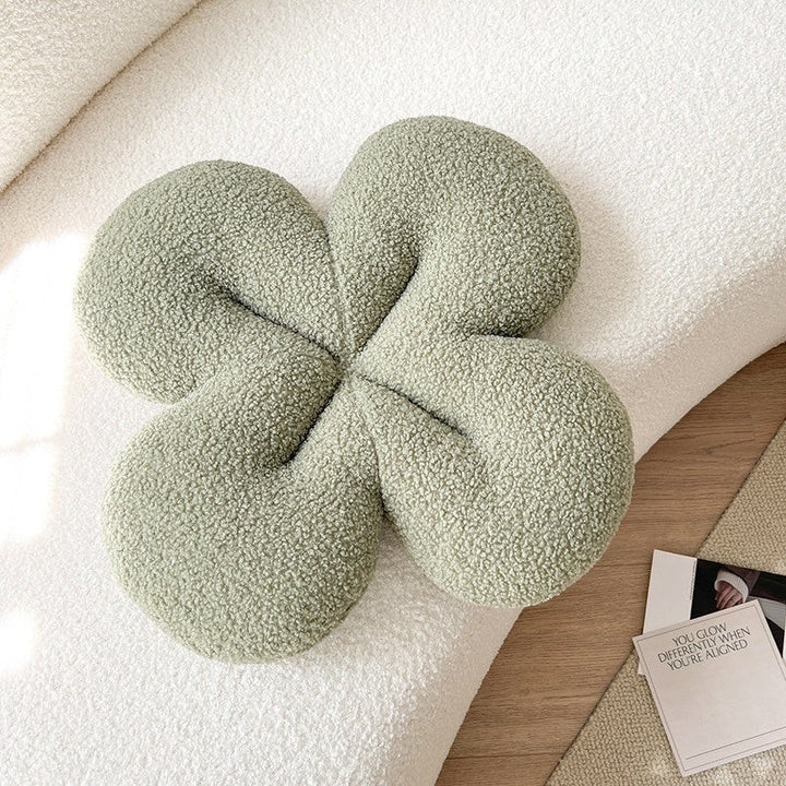 Green Bouclé Clover Flower Shaped Plush Pillow