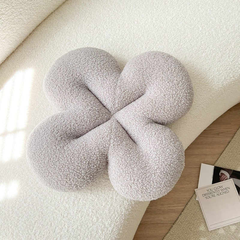Clay Gray Bouclé Clover Flower Shaped Plush Pillow