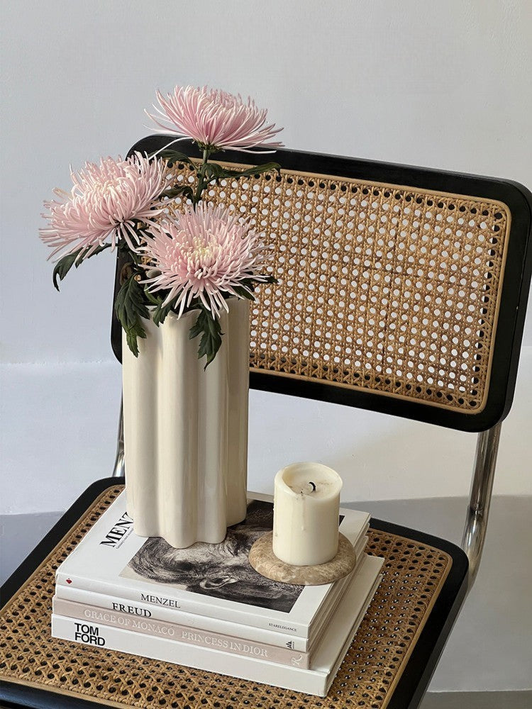 Cream White Scalloped Tall Vase - Modern Aesthetic Flower Vase