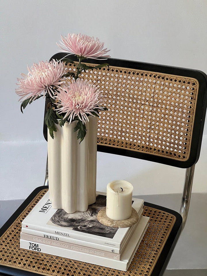 Cream White Scalloped Tall Vase - Modern Aesthetic Flower Vase