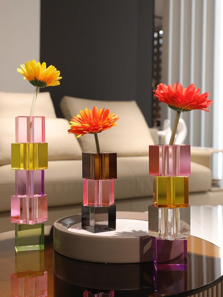 Cosik Home modern Nordic crystal glass vases in stacked cube design, featuring vibrant colors like yellow, pink, purple, and green.