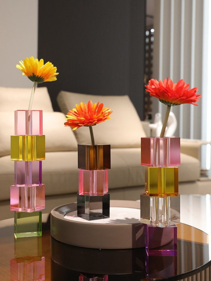 Cosik Home modern Nordic crystal glass vases in stacked cube design, featuring vibrant colors like yellow, pink, purple, and green.