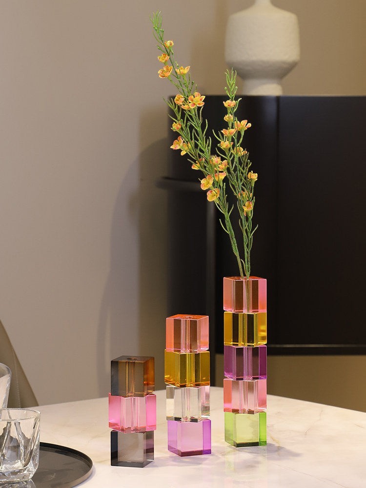 Cosik Home modern Nordic crystal glass vase in stacked cube design, featuring pink, purple, yellow, and green hues.