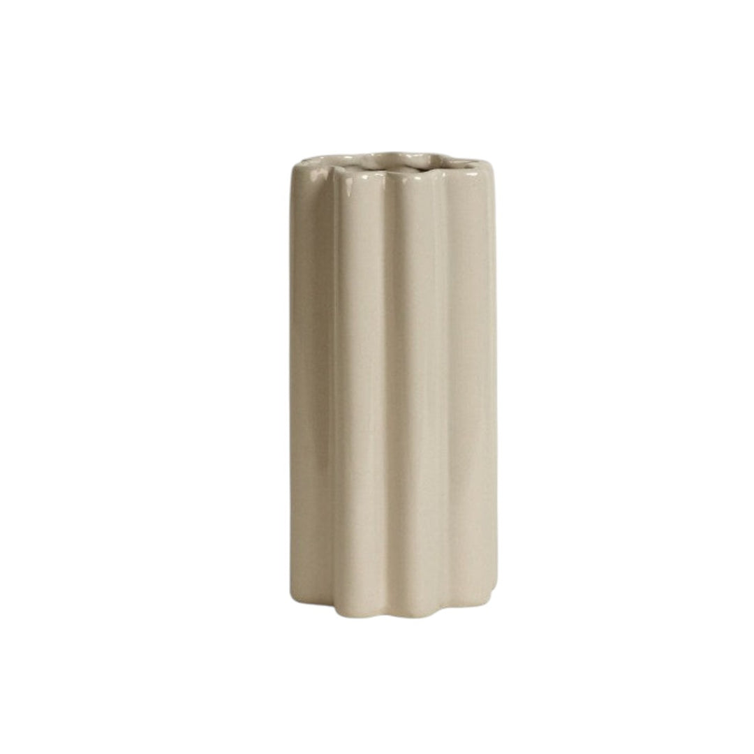 Cosik Home beige ceramic fluted flower vase with wavy silhouette and accordion texture. 26cm H x 12cm W.