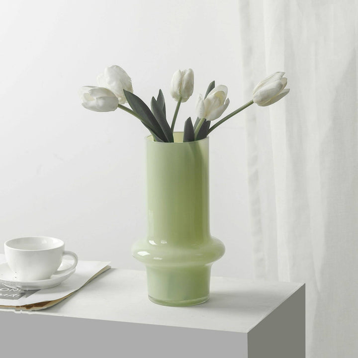 Cosik Home light luxury custard jade glass vase with white tulips, perfect for fresh or dried flower arrangements.