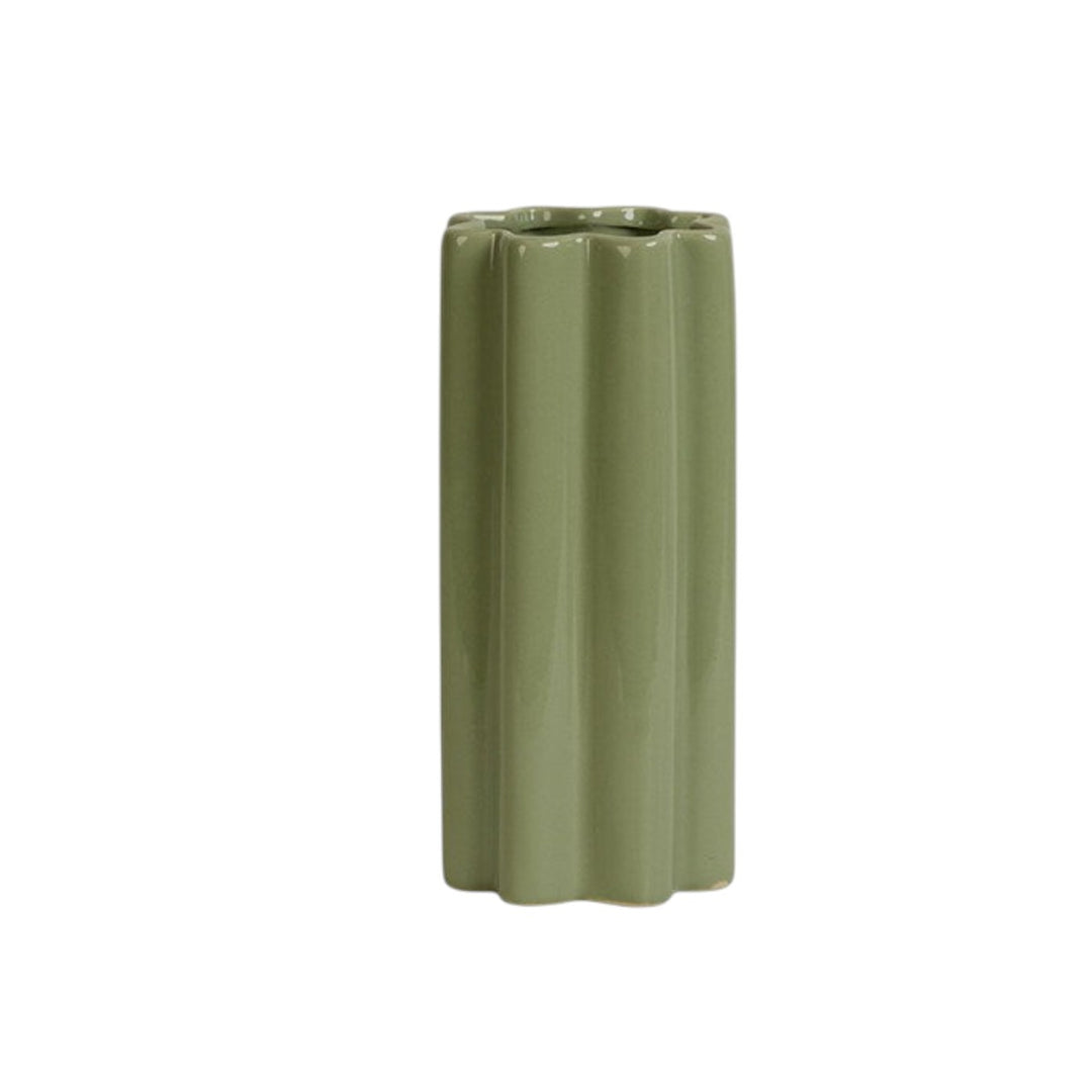 Cosik Home green ceramic fluted flower vase with wavy silhouette and accordion texture. 26cm height.