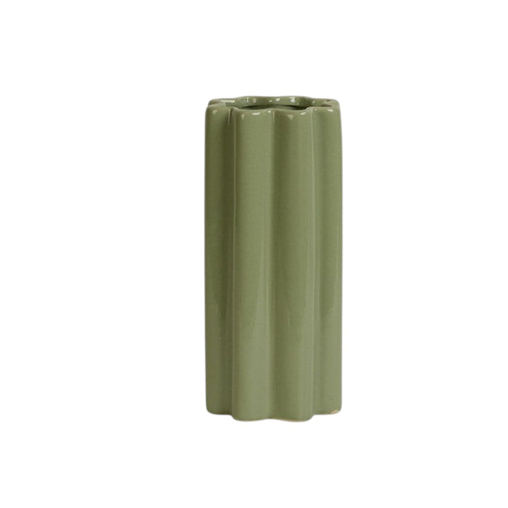 Cosik Home green ceramic fluted flower vase with wavy silhouette and accordion texture. 26cm height.