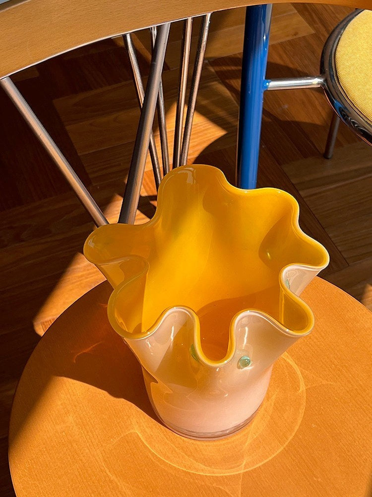 Cosik Home large yellow glass vase with wavy rim, perfect for home decor and floral arrangements.