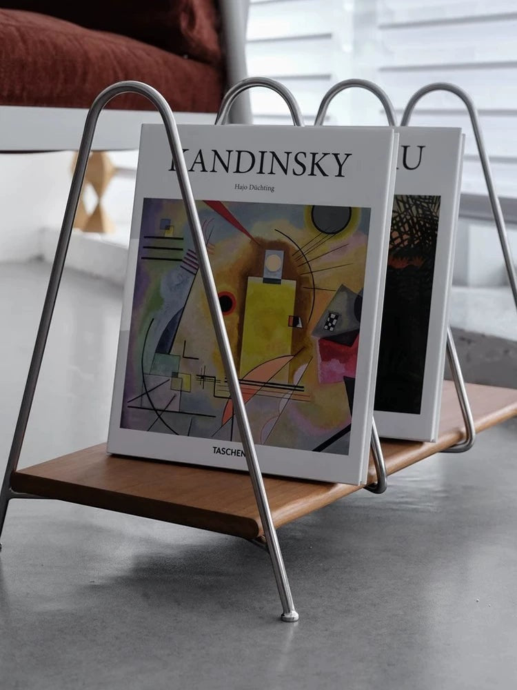Cosik Home modern metal and wood magazine rack holding art books. Features a minimalist silver frame and a warm wood base.