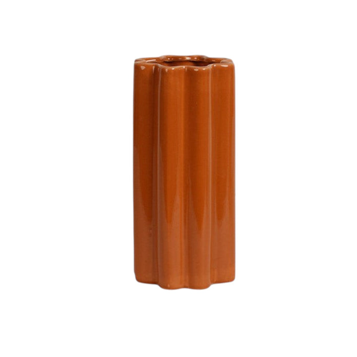 Cosik Home orange ceramic fluted flower vase with wavy silhouette and accordion texture. 26cm height.