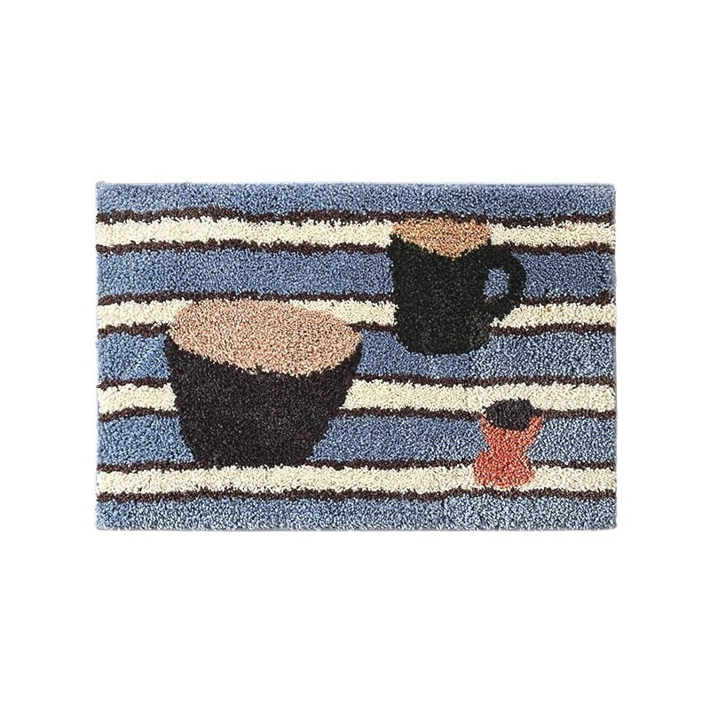 Cosik Home retro tufted plush bath mat with blue, cream, and brown stripes featuring a bowl, mug, and small cup graphic.