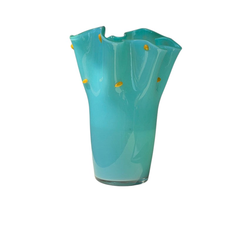 Cosik Home turquoise glass vase with ruffled rim and yellow dot accents, handmade decorative accent.