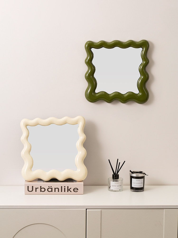 Cosik Home wavy framed mirror tray in cream and green, perfect for vanity or desk display.