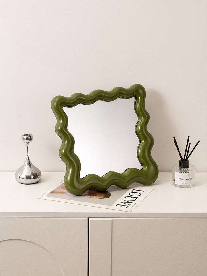 Cosik Home wavy green mirror tray with undulating bubble frame, perfect for vanity or desk display.