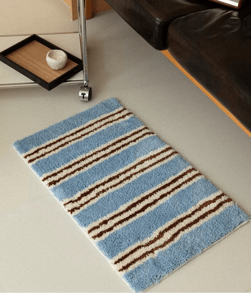 Blue Retro Striped Bath Mat Rug